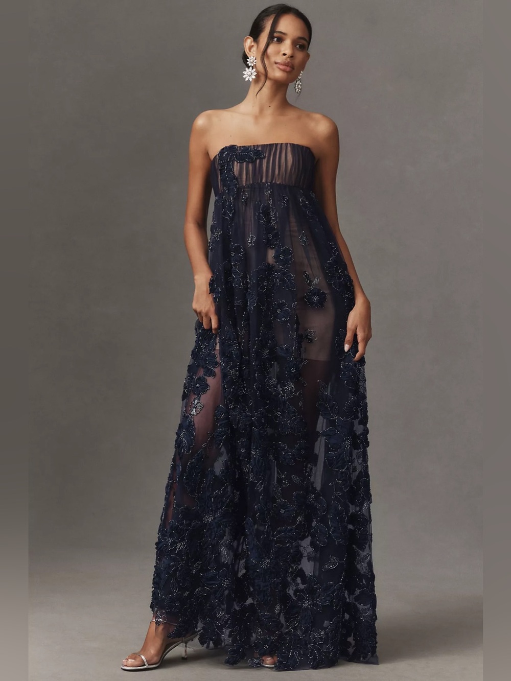 Helsi Beatrice Dress Strapless 3D Embellished Floral Sheer Gown